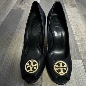 Tory Burch Black and Gold Peep-Toe Wedge Heels